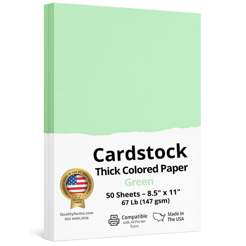 NextDayLabels Color Cardstock Paper - 50 Sheets - 8-1/2" x 11" - Pastel Green 67 lb (147 gsm) - Thick Colored Paper for Crafting, Invitations, Posters, Flyers, and DIY Projects - Made in USA - Image 1